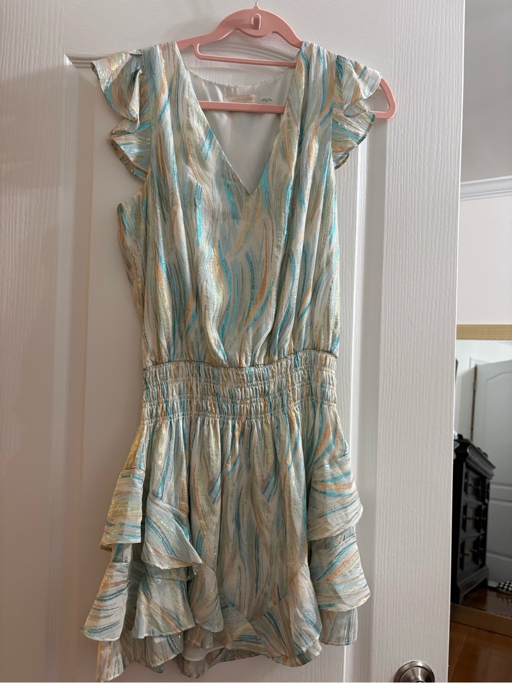 Ramy Brook Light Blue & Gold Flutter Sleeve V-Neck Dress
